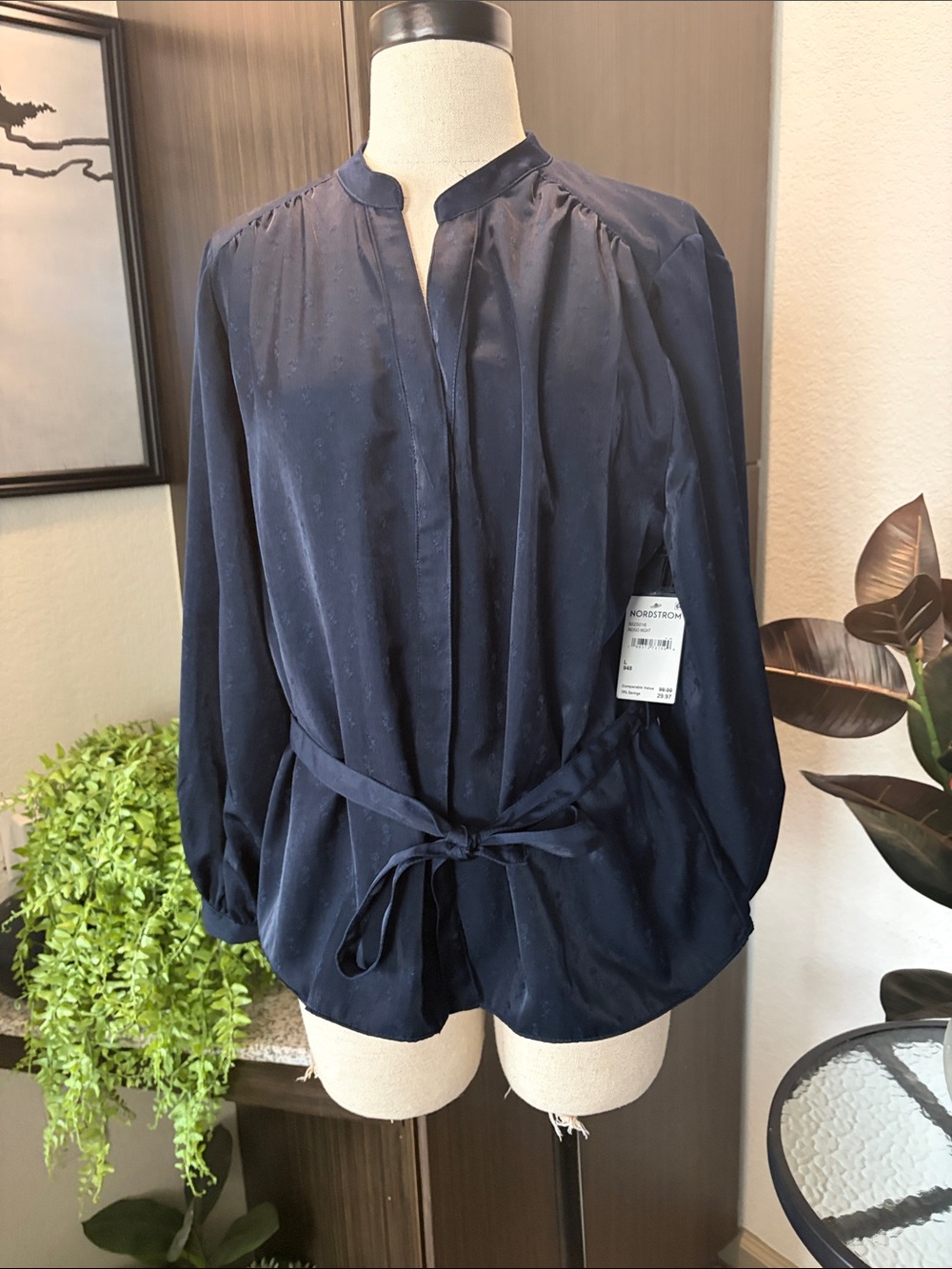 Tie-Waist Navy Blouse with Band Collar